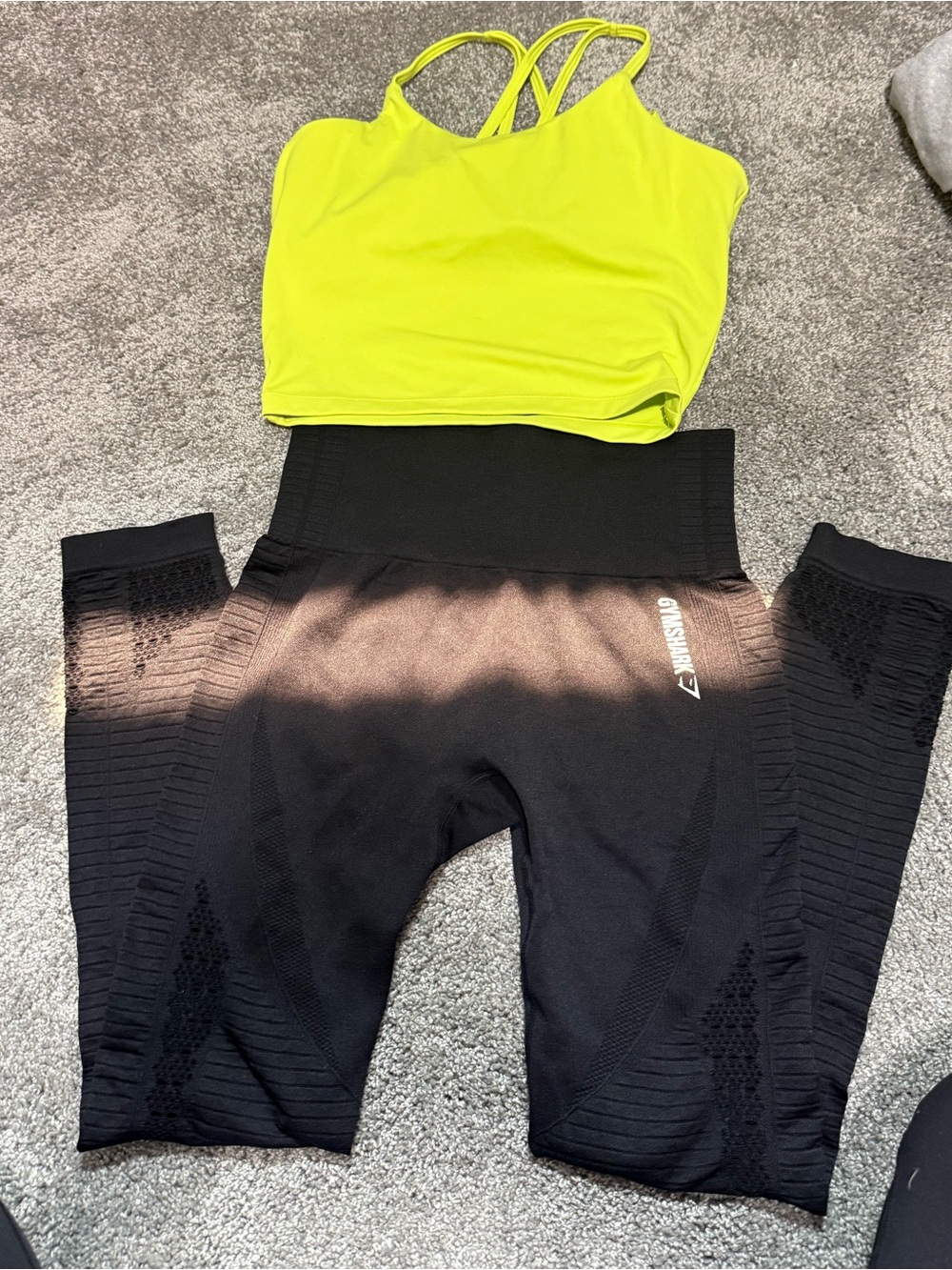 Neon Yellow Strappy Sports Crop Top with Black Seamless Gymshark Leggings